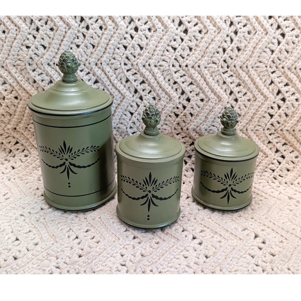 Vintage Olive Green Metal Canister Set 3 Piece Pinecone Finial Stenciled Floral